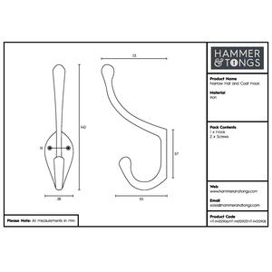 30x140mm Narrow Hat Coat Hook - Brass by Hammer and Tongs