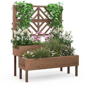 2-Tier Raised Garden Bed with Trellis - Brown by Costway