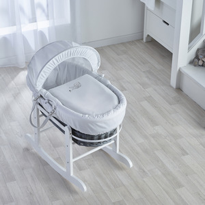 Sleepy Little Owl Grey Wicker Moses Basket with White Little Gem Rocking - White by Kinder Valley