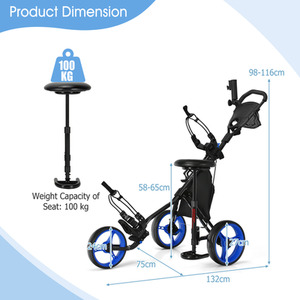3 Wheels Golf Push Pull Cart - Blue by Costway