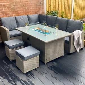 Conwy 8 Seat Fire Pit Corner Rattan Dining Set - Grey by Madefor.living