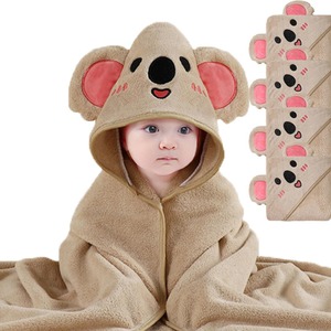 Ultra-Soft Coral Fleece Hooded Baby Towel with Bear Design - Brown by Dyzi