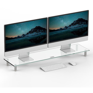 Height Adjustable Extra Large Black Glass Monitor Stand for Desks - Black / 9cm by VonHaus