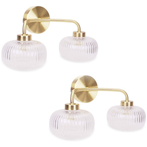 Pair of - Amaia 2 Way IP44 Wall Light with Ribbed Glass Shade and Bulbs - Gold by ValueLights