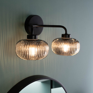 Amaia 2 Way IP44 Bathroom Wall Light with Ribbed Glass Shades and Bulbs - Black by ValueLights