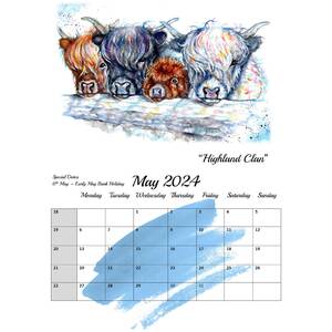 Highland Cows in Watercolour 2024 Calendar by BebesArts