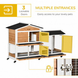 PawHut Two-Tier Wooden Pet Hutch with Wheels, Run - Yellow by PawHut