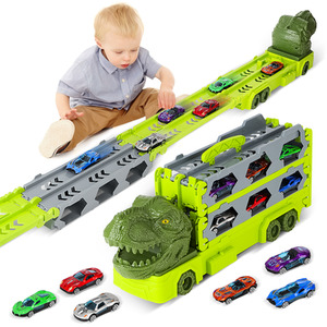 Dinosaur Race Track Transport Truck Toys with 6 Small Race Cars - GREEN
