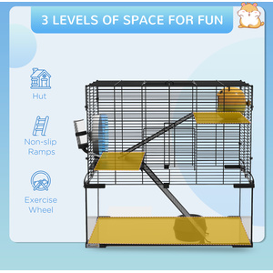 PawHut 3 Tiers Hamster Cage with Ramps, Exercise Wheel - Black / 60cm by PawHut