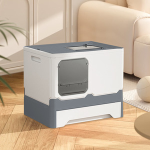 Cat Litter Box with Lid, Foldable with Scoop - Grey by Livingandhome