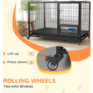PawHut Heavy Duty Dog Crate on Wheels with Bowl Holder - Black / 74cm by PawHut