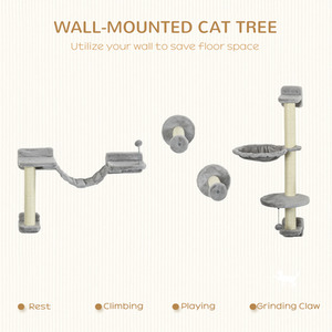 PawHut 4 Piece Wall Mounted Cat Shelves - Grey by PawHut