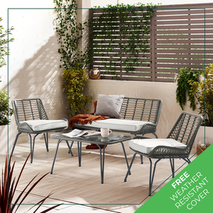 Outdoor Rattan Sofa - Lisbon Garden Sofa Chairs Table Set - Wicker and Cream - Grey by FurnitureboxUK
