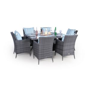 Savannah Fire Pit Square Rattan Patio Dining Set - Grey / 6 by Giardino