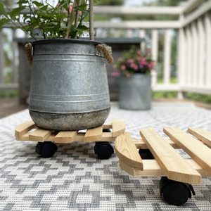 Set of 2 Round Wooden Plant Pot Trolley Movers - Pine by Selections