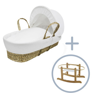 White Waffle Moses Basket with Natural Little Gem Rocking Stand - White by Kinder Valley