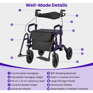 2-in-1 Foldable Rolling Walker Wheelchair Combo by Costway