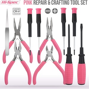 11Piece Pink Womens Small DIY Tool Kit Pliers, Cutters Screwdrivers - Pink by Hi-Spec