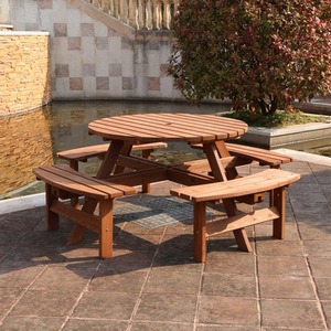 BIRCHTREE 8 Seater Wooden Picnic Table Round Pub Bench - Brown by BIRCHTREE