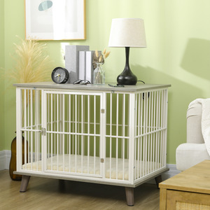 PawHut Dog Crate Furniture Pet Kennel with Cushion - Grey / 64.5cm by PawHut