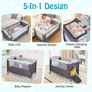 5-In-1 Portable Baby Bassinet Crib Bedside Sleeper - Grey by Costway