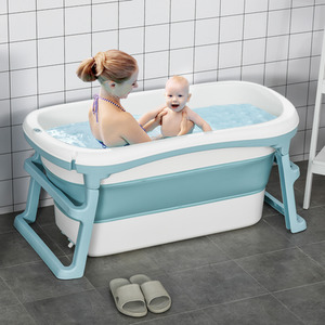 HOMCOM Folding Baby Bath Tub for Toddlers Kids with Top Cover - Blue by HOMCOM