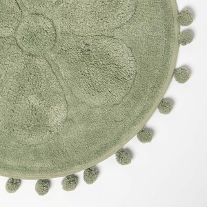 Floral Cotton Bath Mat with Pom Pom Edges - Sage by Homescapes
