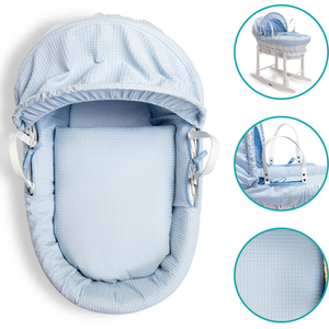 Waffle White Wicker Moses Basket - Blue by Clair de Lune