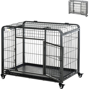 Pawhut Metal Dog Cage Kennel with Wheels Openable Top - Black / 109.5cm by Pawhut