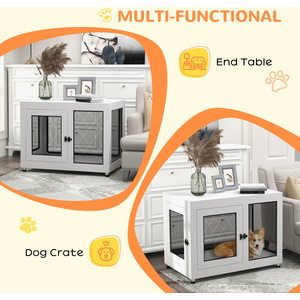 PawHut Dog Kennel Furniture End Table with Two Doors, Cushion - White by PawHut