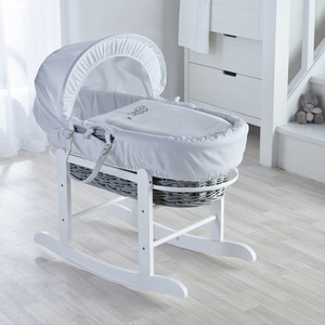 Sleepy Little Owl Grey Wicker Moses Basket with White Little Gem Rocking - White by Kinder Valley
