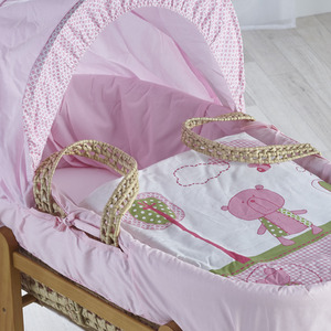 Tiny Ted Pink Moses Basket with Natural Deluxe Rocking Stand by Kinder Valley