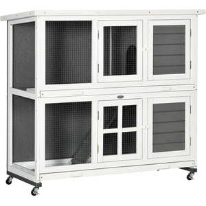 PawHut Small Animal Hutch with Wheels, Wooden Pet Cage House - Grey by PawHut