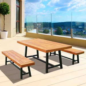 Outsunny Garden 3 Pieces Acacia Wood Picnic Table and 2 Benches Set - Natural wood colour by Outsunny