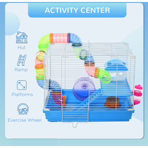 Pawhut Hamster Cage Carrier Small Animal House with Exercise Wheels Tunnel Tube - Blue by PawHut
