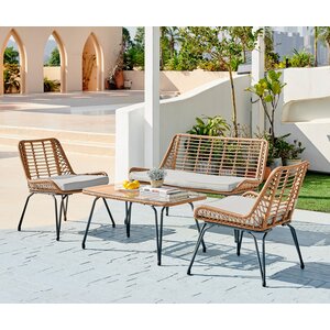 Outdoor Rattan Sofa - Lisbon Garden Sofa Chairs Table Set - Wicker and Cream - Beige by FurnitureboxUK