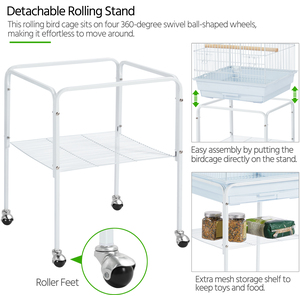 Rolling Metal Play Top Bird Cage with Stand - White by Yaheetech