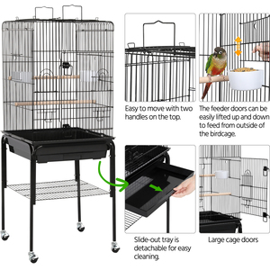 Rolling Metal Play Top Bird Cage with Stand - Black by Yaheetech