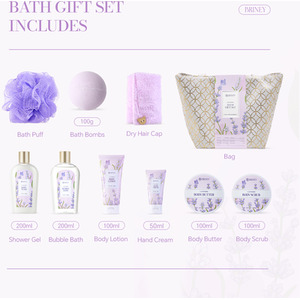 Gift Set Lavender Scented Spa Bath Collection - 10 Pieces / Body Wash, Bubble Bath, Body Lotion, Body Scrub, Hand Cream, Bath Bomb, Body Butter, Hair Turban Towel, Shower Pouf, Storage Tote Bag by Livingandhome