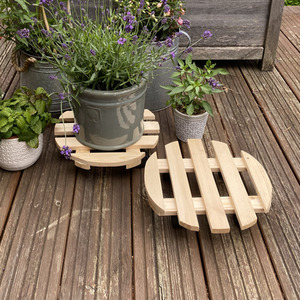 Set of 2 Round Wooden Plant Pot Trolley Movers - Pine by Selections