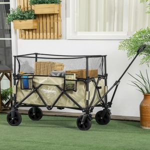 Outsunny 180L Folding Trolley on Wheels with Extendable Side Walls - Khaki by Outsunny