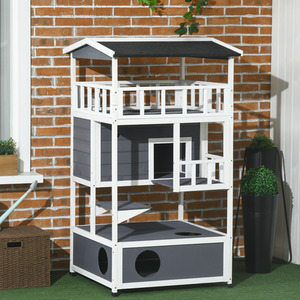 Wooden Outdoor Cat House 3-Tier Kitten Shelter Lodge with Terrace by PawHut