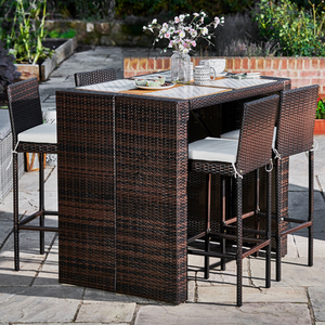5 Piece Outdoor Garden Rattan High Bar Dining Set, Table and Chair Set - Brown by Teamson Home