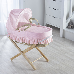 Broderie Anglaise Pink Moses Basket with Natural Opal Folding Stand by Kinder Valley