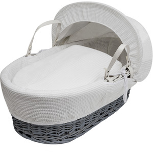 White Waffle Grey Wicker Moses Basket with White Little Gem Rocking Stand - White by Kinder Valley