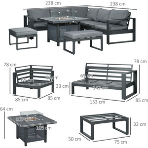 Outsunny 6pcs Aluminium Garden Furniture Set with Fire Pit Table - Grey by Outsunny