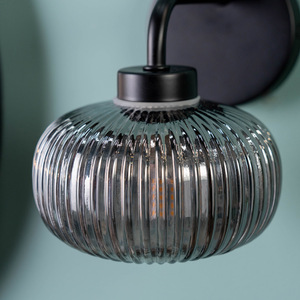 Pair of - Amaia IP44 Bathroom Wall Lights with Ribbed Glass Shades - Black by ValueLights