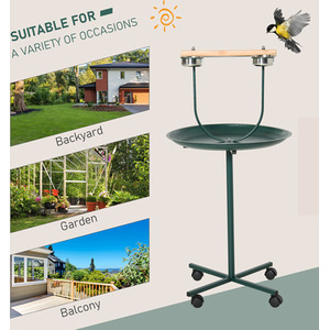 PawHut Bird Perch Stand with Wheels and Feeding Bowls for Birds - Green by PawHut