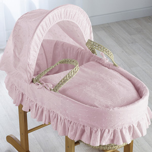 Broderie Anglaise Pink Moses Basket with Natural Little Gem Rocking Stand by Kinder Valley