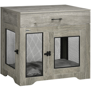 PawHut Dog Crate with Cushion, End Table with Drawer - Grey by PawHut